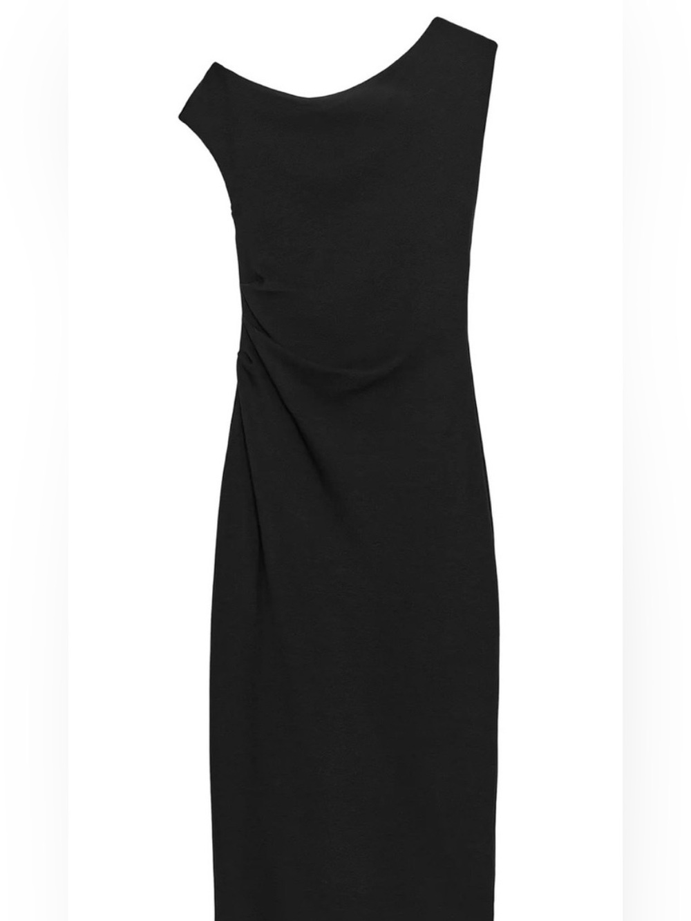Zara Black Fitted Sheath Midi Dress with Asymmetrical Neckline